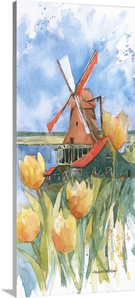 Contemporary watercolor painting of flowers, with a windmill in the background.