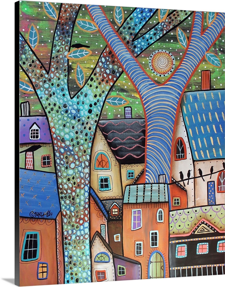Contemporary painting of a village made of different colored houses with large colorful trees.