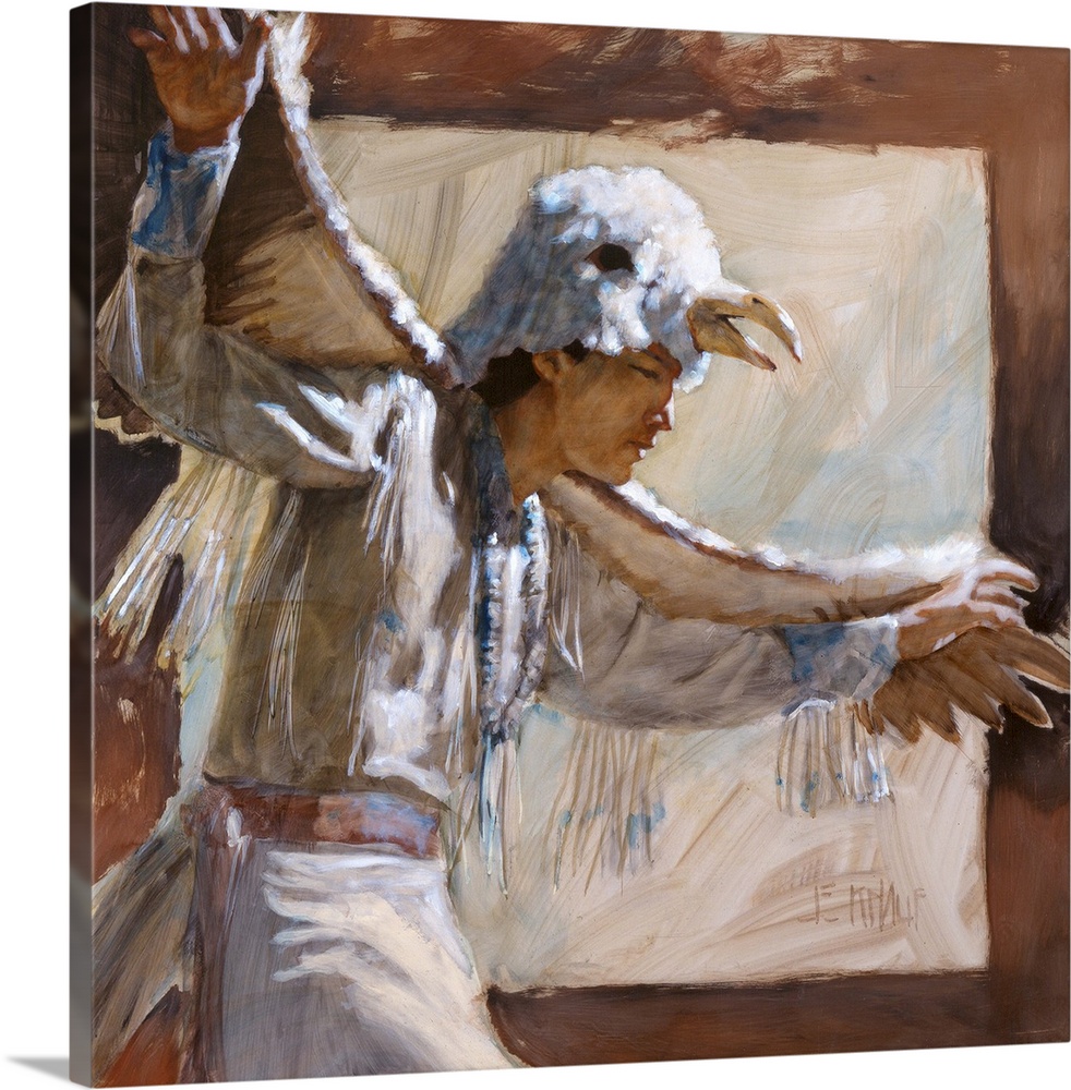 Western themed contemporary painting of a traditionally dressed Native American performing ceremonial dance.