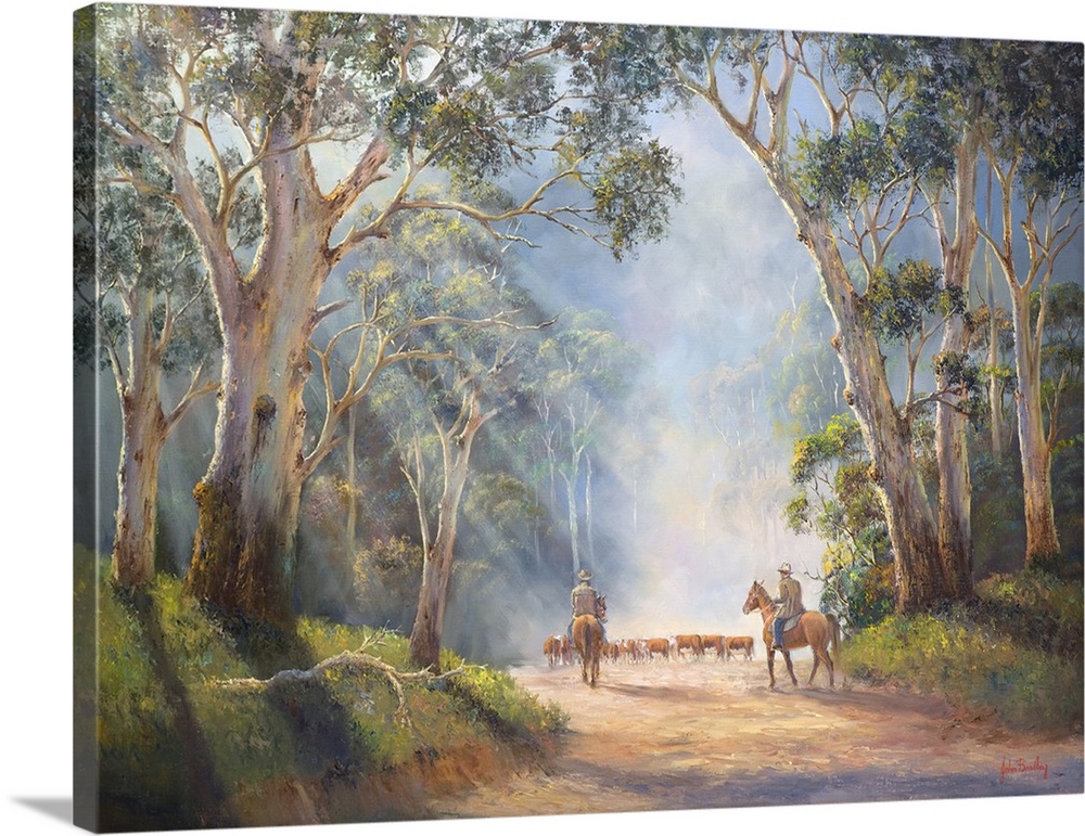 Contemporary painting of cowboys moving a herd of cattle through a foggy wood in the early morning.