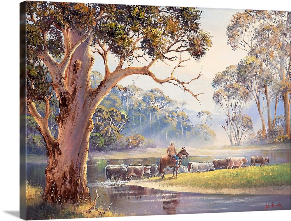 Contemporary painting of a cowboy moving a herd of cattle through a river.