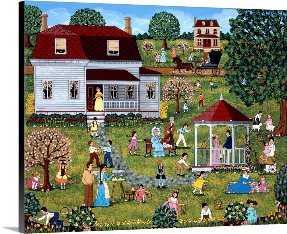 Folk art of a countryside village with children hunting for Easter eggs in a garden.