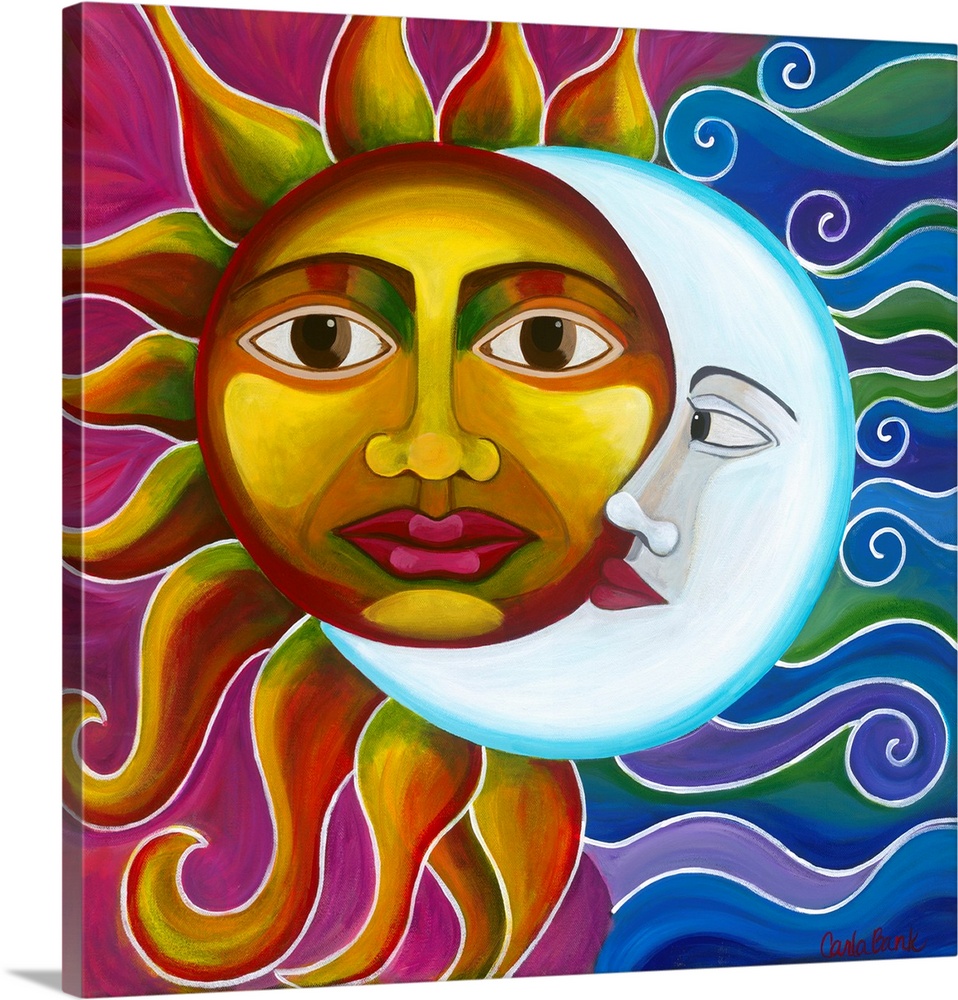Contemporary painting of a sun and moon together making one figure.