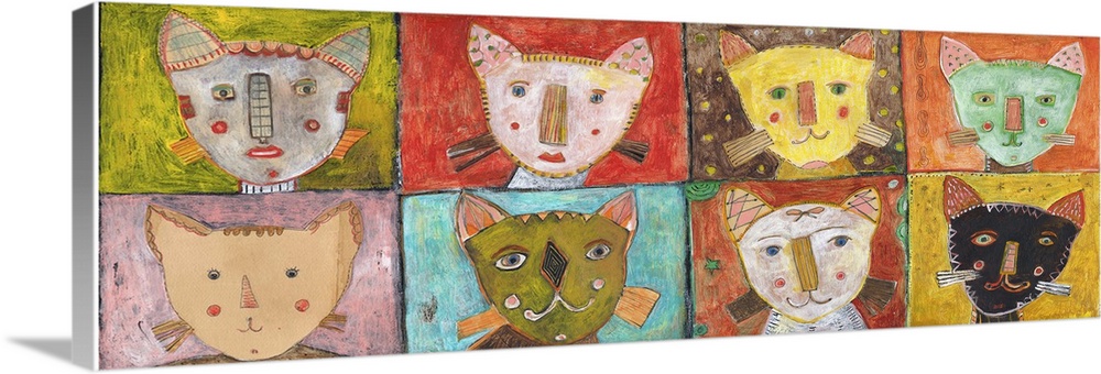 Lighthearted contemporary painting of eight cats faces.