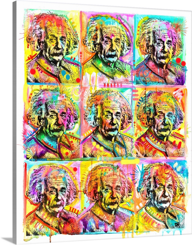 Pop art style painting with a grid of 9 colorful Albert Einsteins with abstract designs and paint drips.