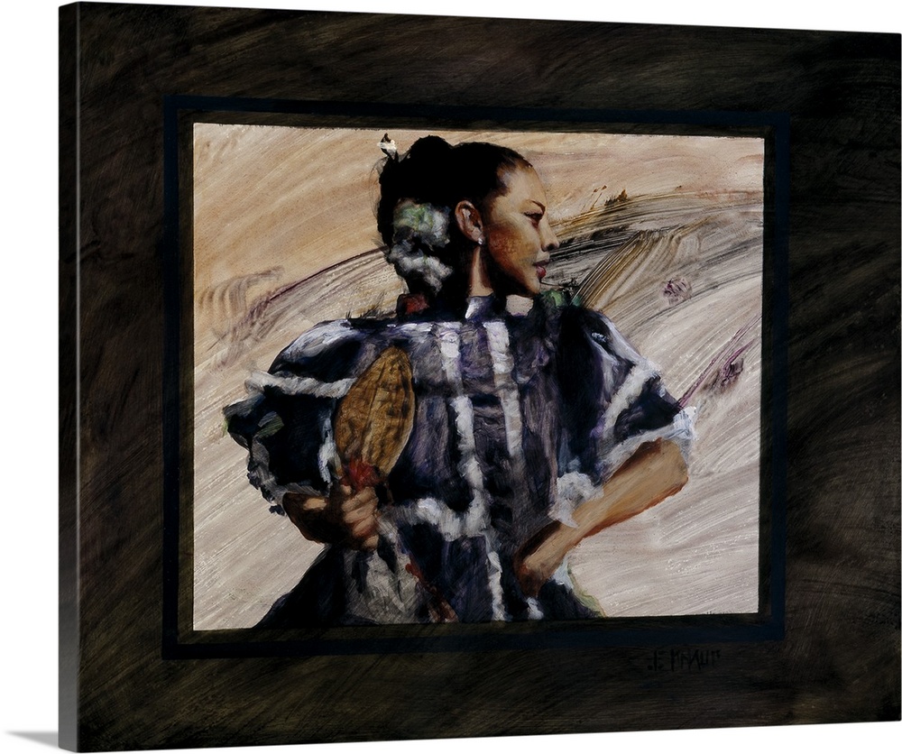 Western themed contemporary painting of a Mexican woman in a dress dancing.