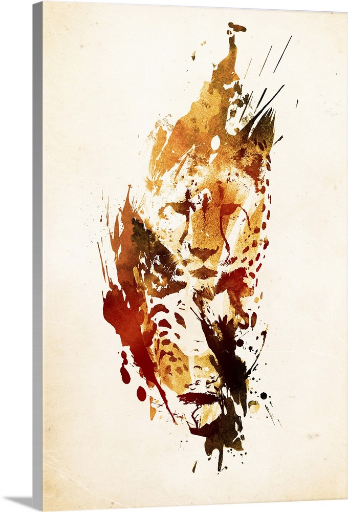 Pop art of a cheetah made of paint splatters.
