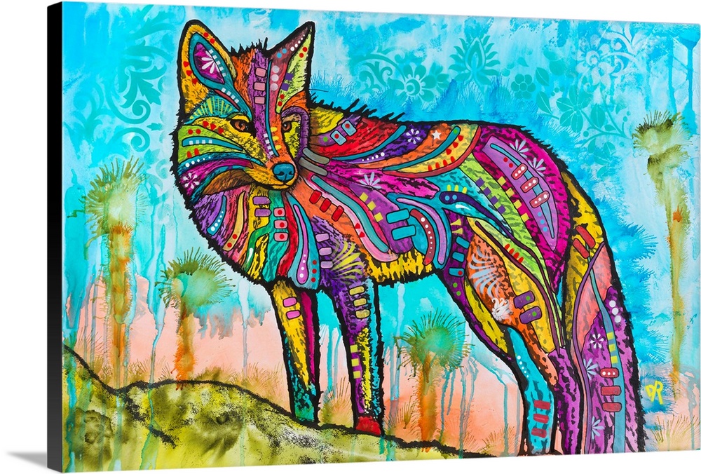 Contemporary stencil painting of a wolf filled with various colors and patterns.