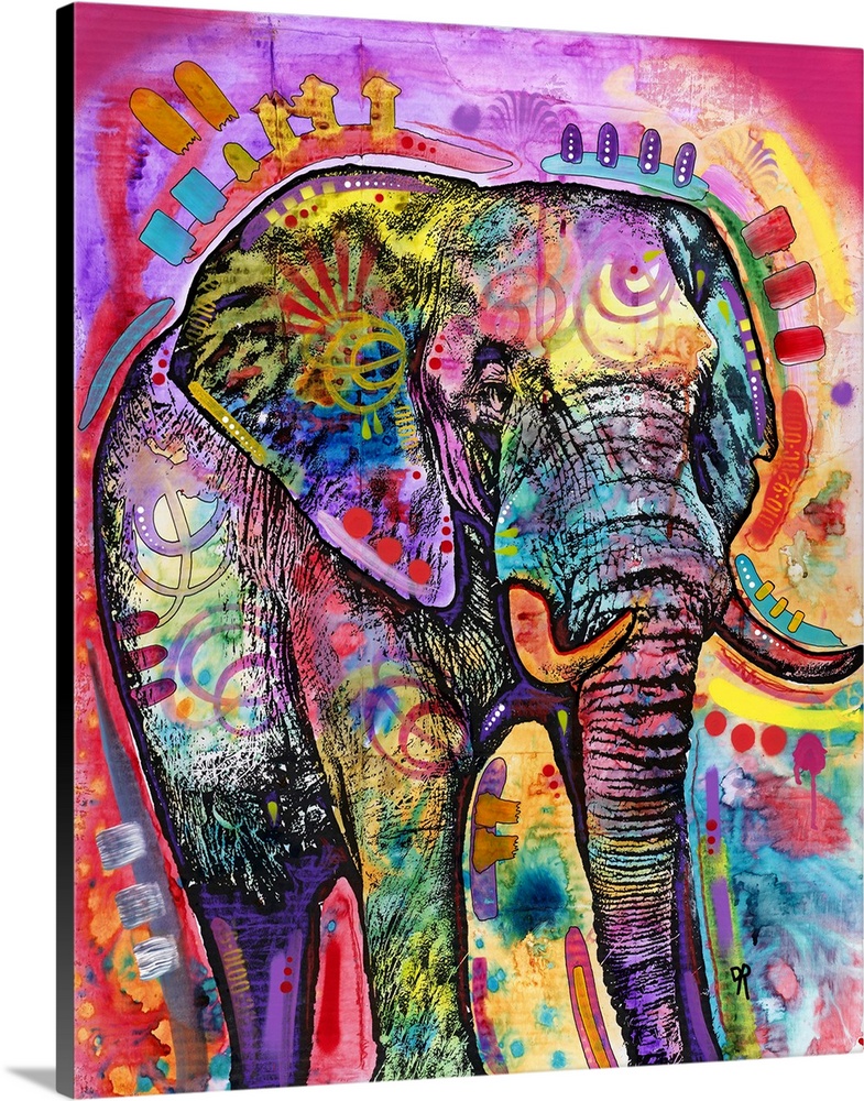 Colorful illustration of a large elephant with abstract markings all over.