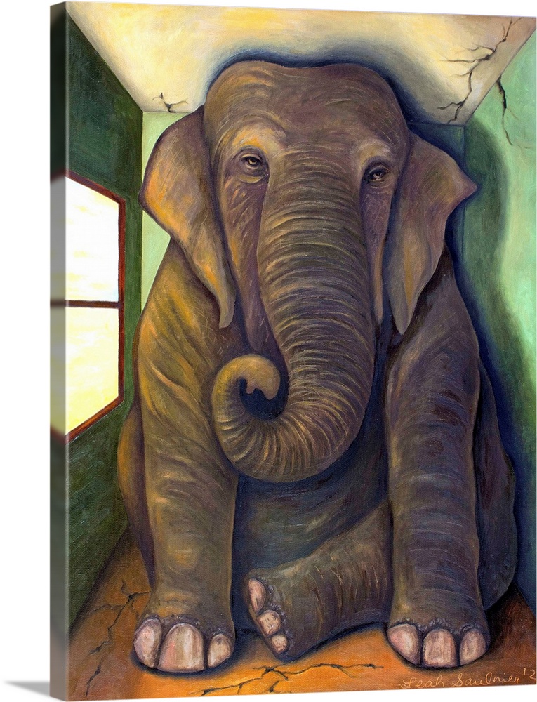 Surrealist painting of a large elephant sitting in tiny room.