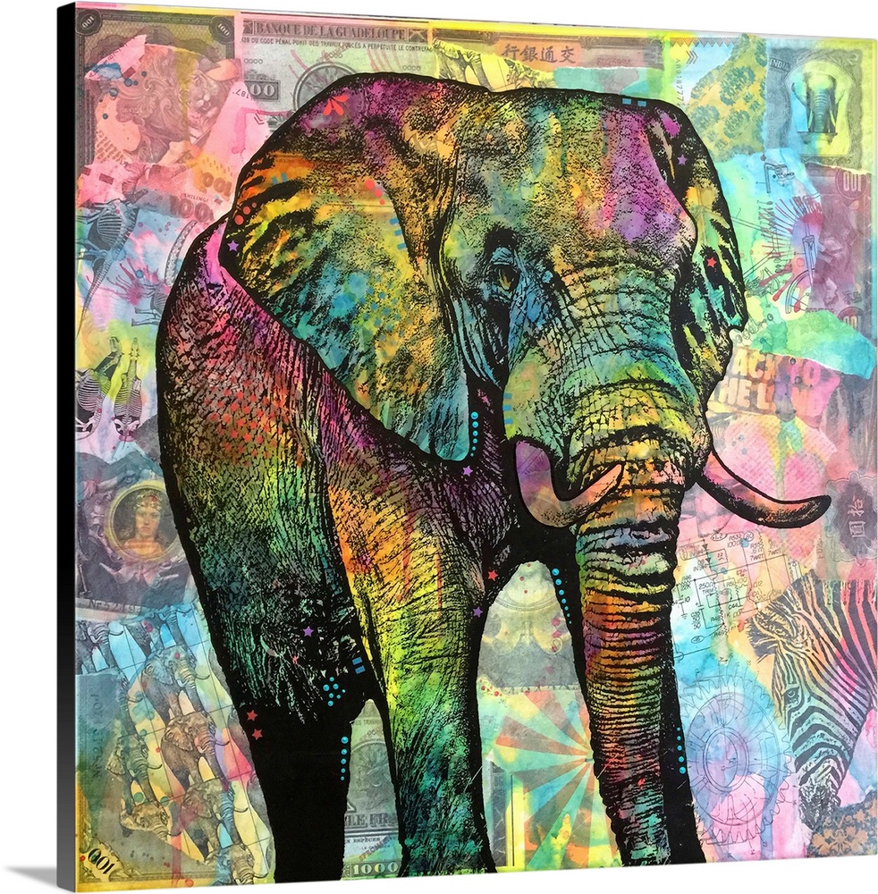 Square illustration of a colorful elephant on top of a collage of African image themed cut outs.