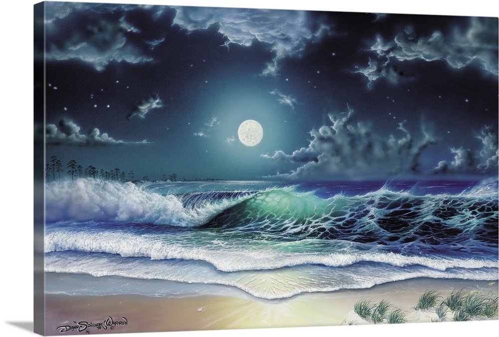 Moon over the waves on the beach.