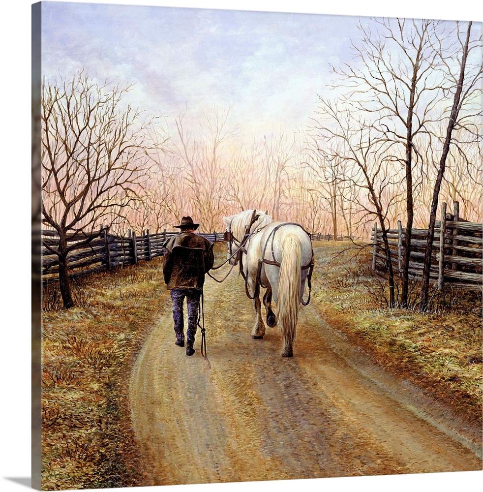 Contemporary painting of a man walking his horse home on a dirt path.