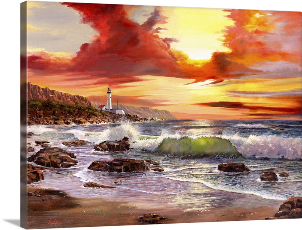 Contemporary painting of waves coming in on the rocky shore, a lighthouse in distance, and a firey sunset.