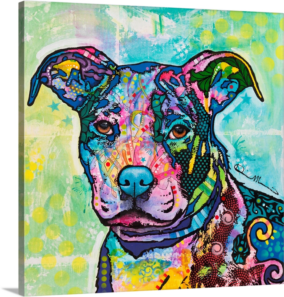 Square art with an illustration of a pit bull with colorful abstract designs all over.