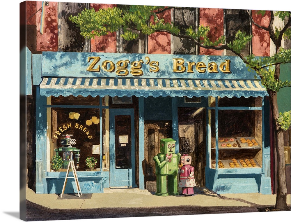 A contemporary painting of two retro toy robots standing out front of a bakery eating donuts.
