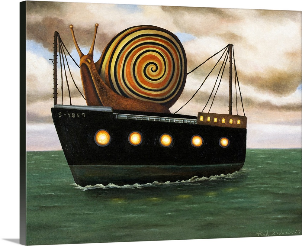 Surrealist painting of a giant snail riding a cargo ship.