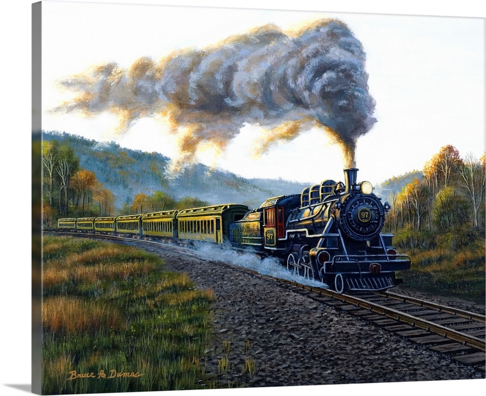 Contemporary painting of a train steaming along the tracks through a field with trees