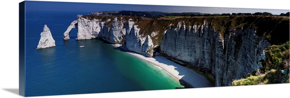 Panoramic photograph of the cliffs at Etretat, France.