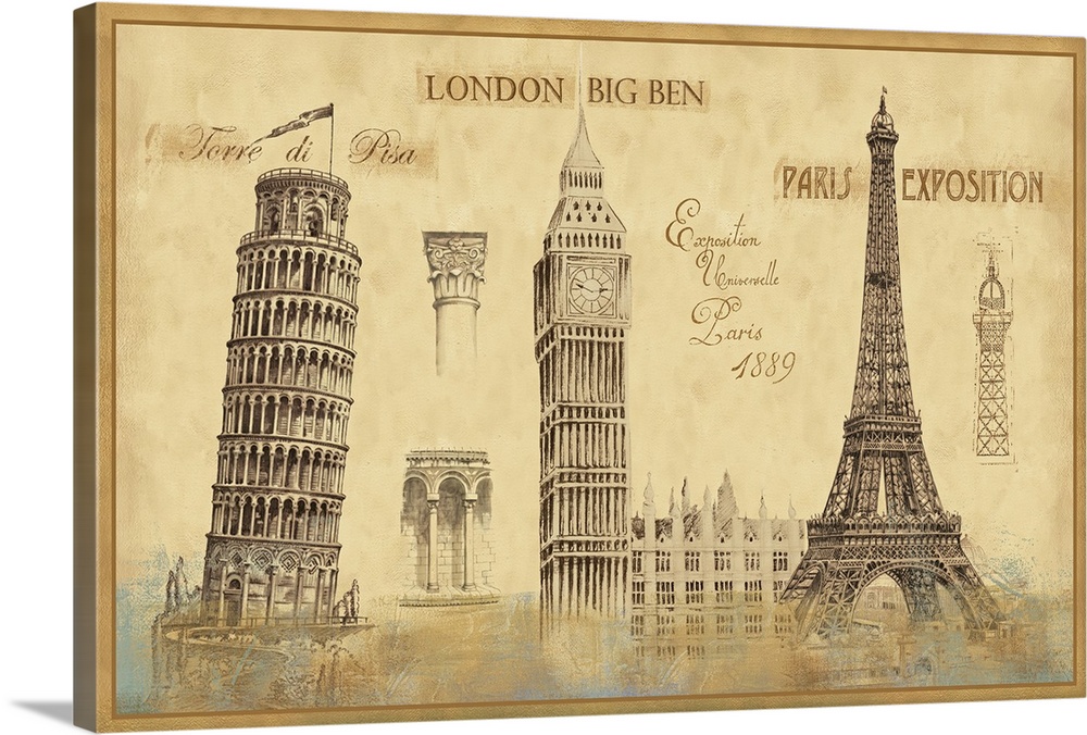 Oversized, horizontal, vintage wall hanging of sketches of well known European Architecture, including the leaning Tower o...