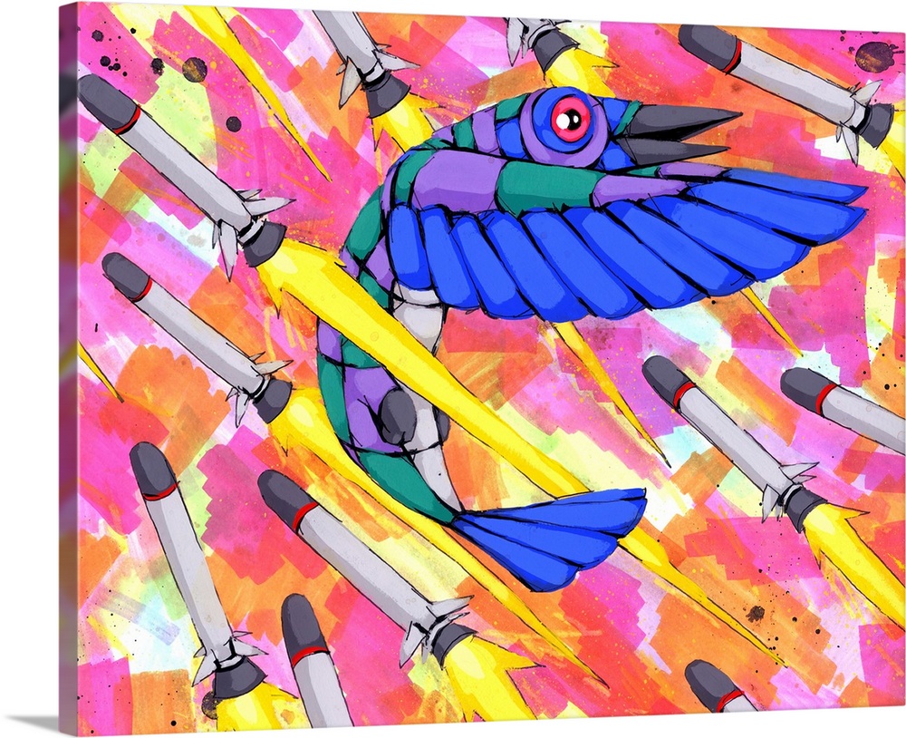 Pop art painting of a bird dodging missiles in the air.