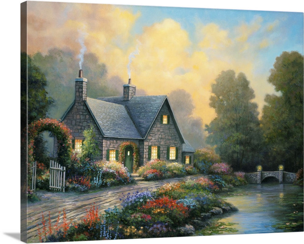 stone cottage, smoke rising from chimney, colorful flowers at the edge of a small river/creek