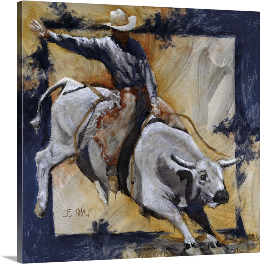 Western themed contemporary painting of a cowboy riding a bucking bull.