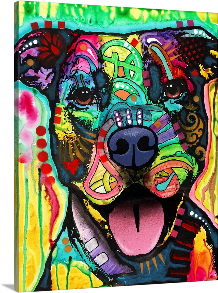 Grafitti-style portrait of a pitbull dog in bright primary colors and Dean Russo's signature style