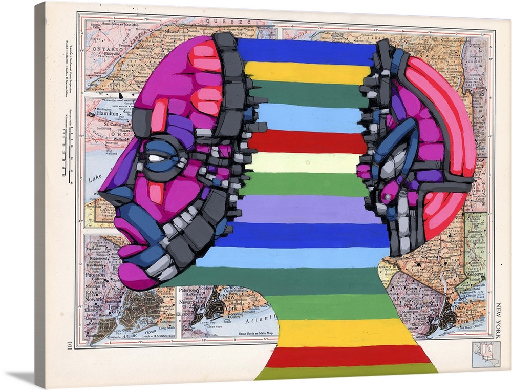 Pop art painting of a head pushed apart by rainbow stripes.