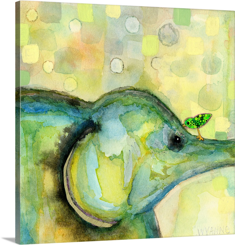 A green elephant looking at a small green bird on its trunk.