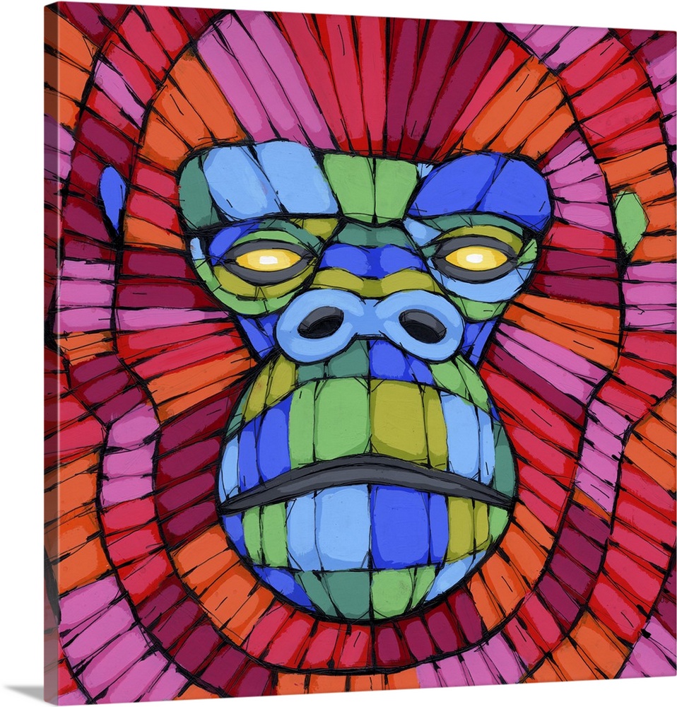 Pop art painting of a portrait of a gorilla in vivid colors.