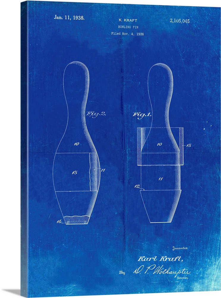 Faded Blueprint Bowling Pin 1938 Patent Poster
