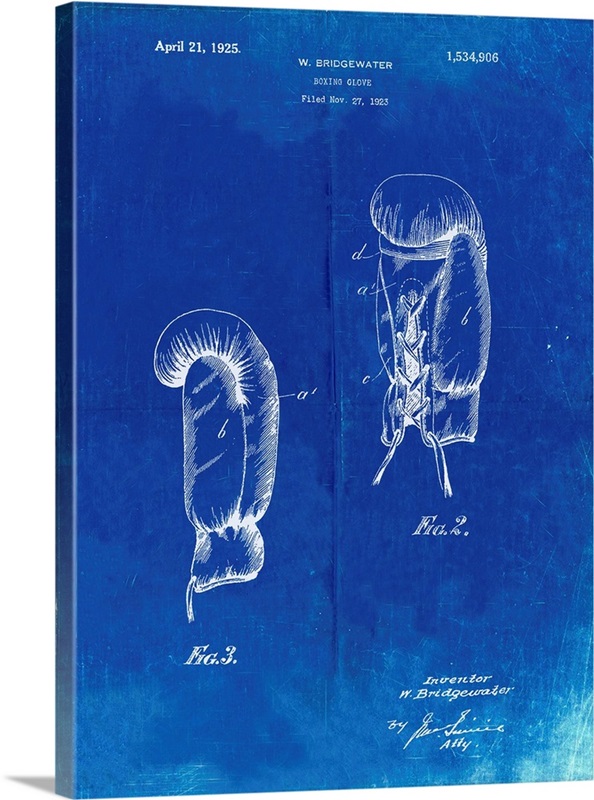 Faded Blueprint Boxing Glove 1925 Patent Poster Wall Art, Canvas Prints