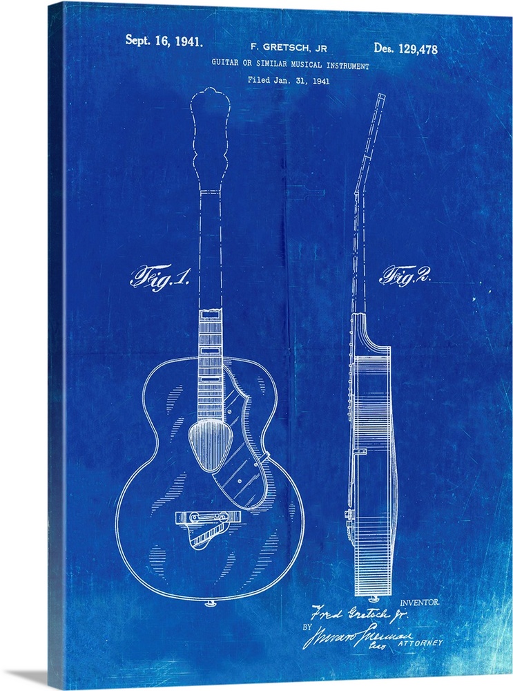 Faded Blueprint Gretsch 6022 Rancher Guitar Patent Poster