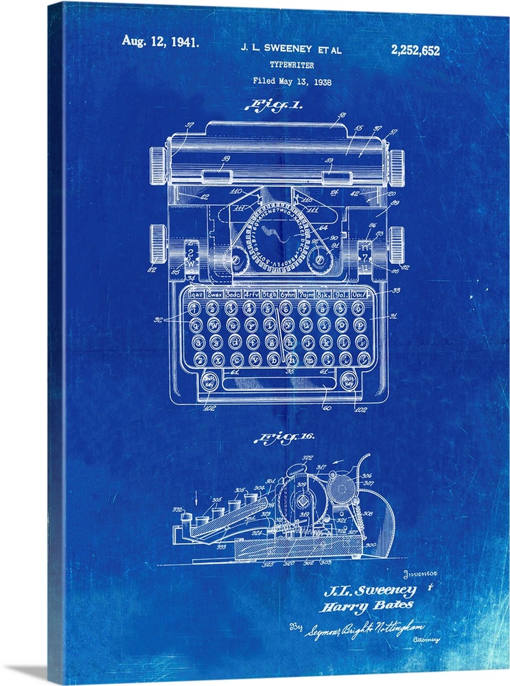 Faded Blueprint School Typewriter Patent Poster