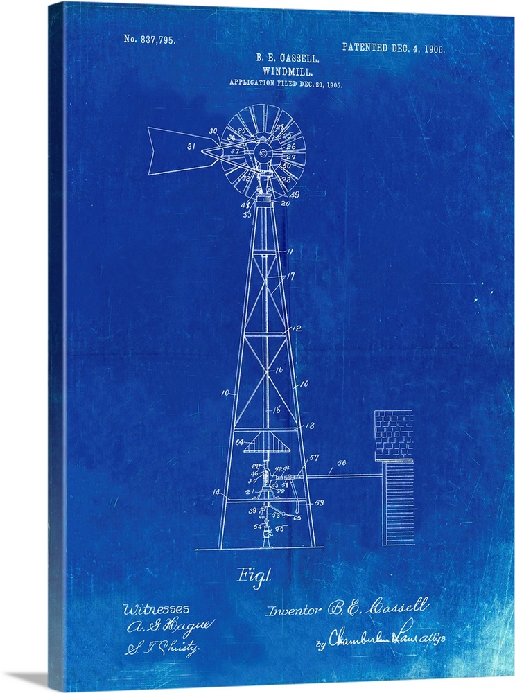 Faded Blueprint Windmill 1906 Patent Poster
