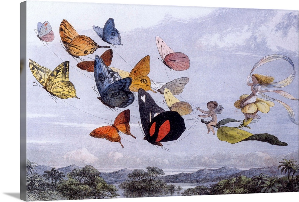 A vintage illustration of a fairies flying with colorful butterflies.