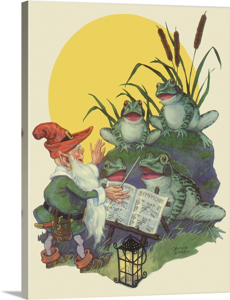 A vintage illustration of a gnome with a red hat singing with some frogs.