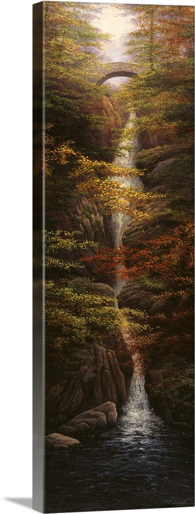 Contemporary artwork of a long waterfall in autumn woods.