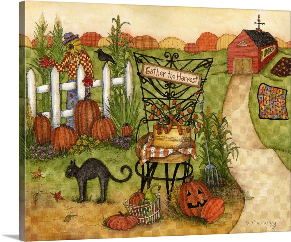 Barn with path leading to fence with scarecrow, crow, cat, pumpkins, corn, chair and sign that reads: Gather the Harvest.