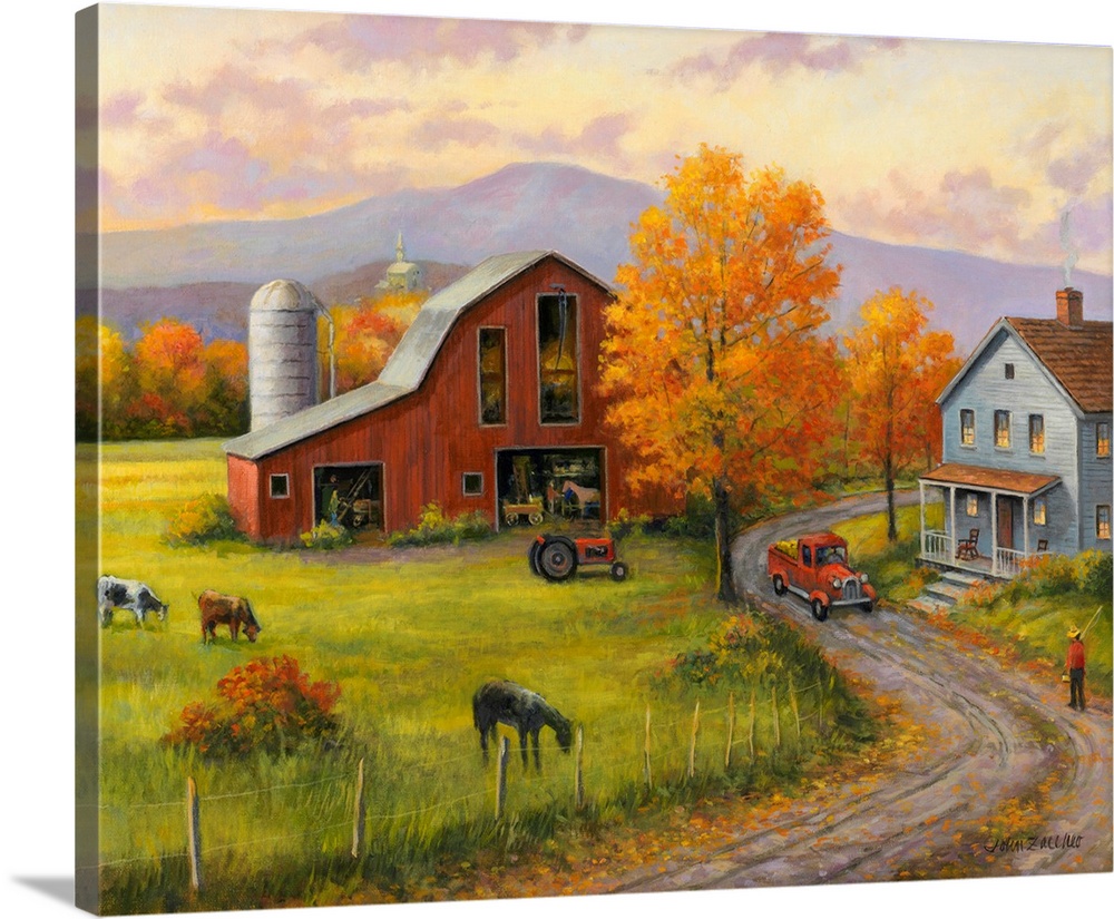 A warm transitional pastoral scene of a house and barn surrounded by livestock, with afternoon sun lighting up the fall le...