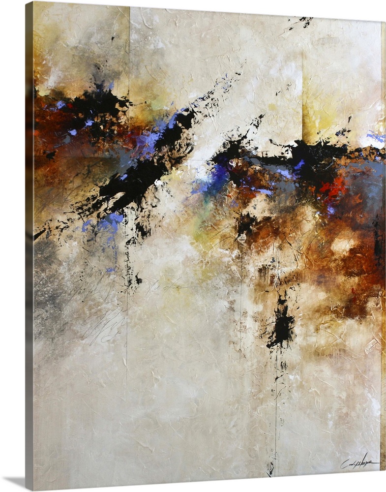 Contemporary abstract painting in beige, blue, black, and amber.