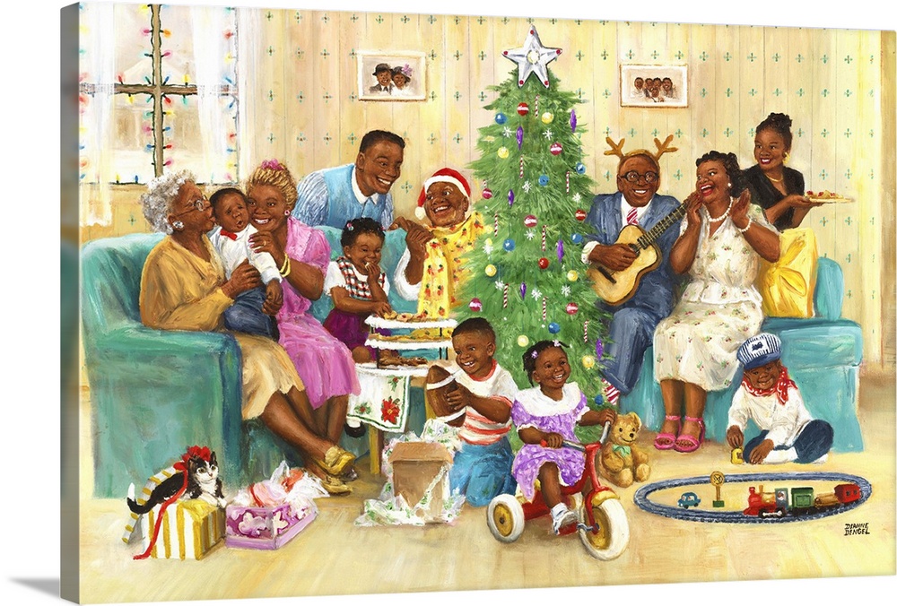 An African American family celebrating Christmas morning around a tree with toys and music.