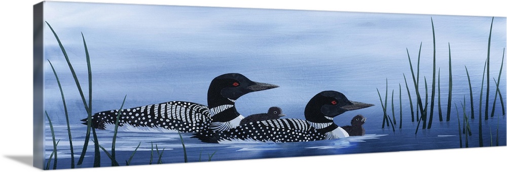 Painting of a loon family floating along in the water.