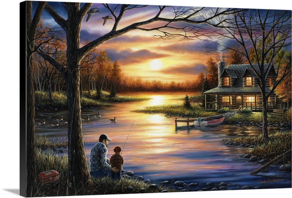 Contemporary landscape painting of a father and sun fishing at sunset with a cabin in the background.