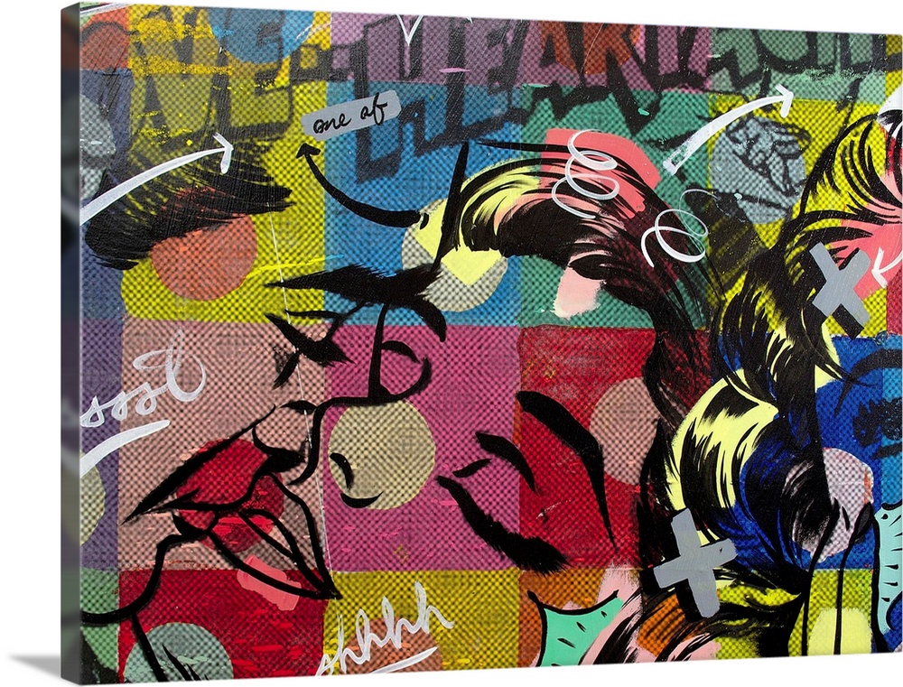 Pop art composed of comic illustrations and bold text, reminiscent of Lichtenstein, of a couple kissing with another woman...