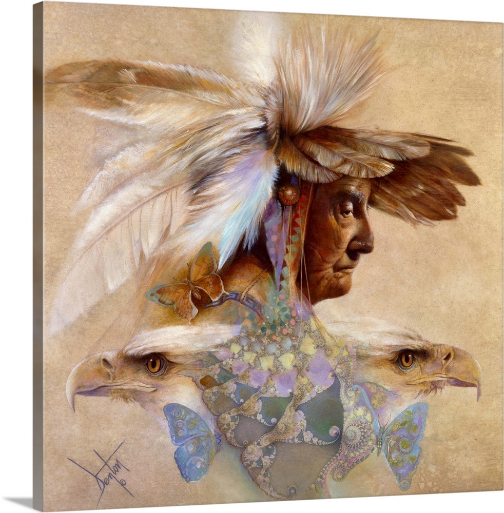 A contemporary painting of an elderly Native American man wearing an elaborate feathered headdress while two bald eagle pr...