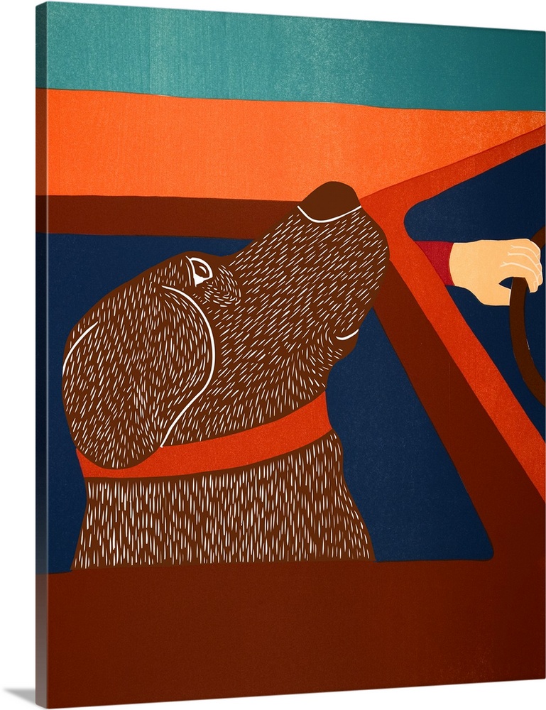 Illustration of a chocolate lab riding in a car with its head out of the window.