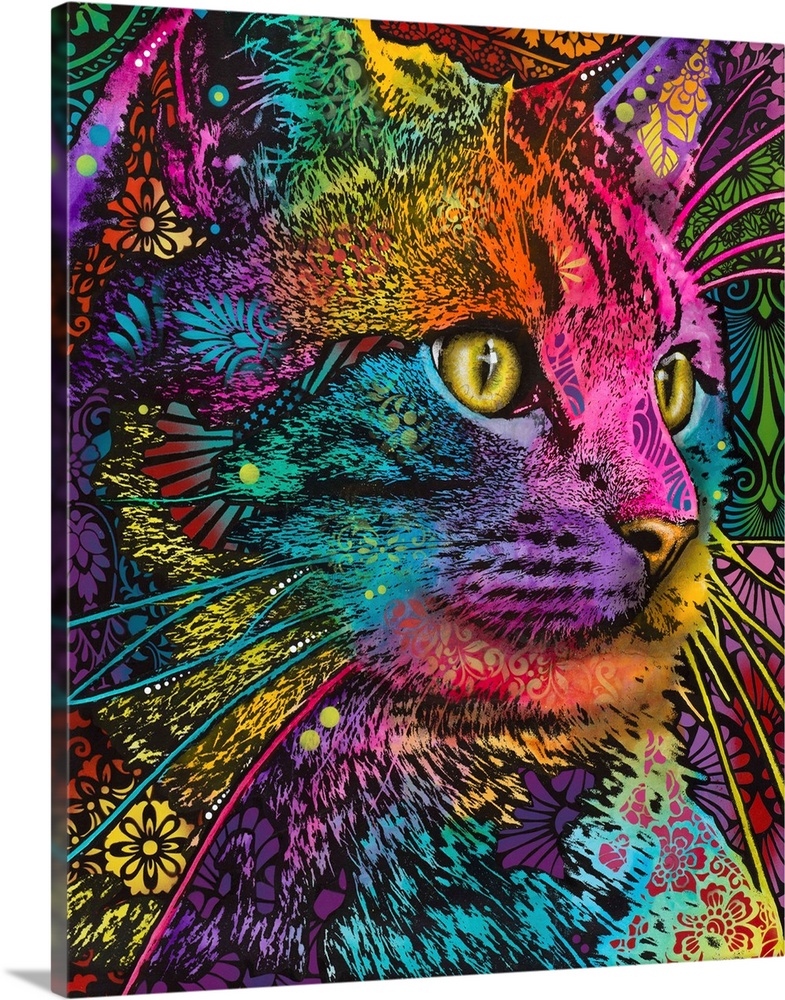 Vibrant illustration of a cat looking off to the side with bright yellow eyes and intricate designs all over its fur and b...