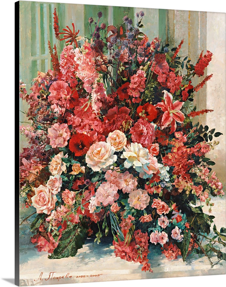 Contemporary painting of a warm and inviting bouquet of flowers in red tones.
